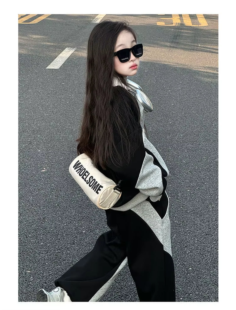 Ensemble de vêtements pour filles enfants automne hiver 2026, sweat-shirt ample à patchwork + pantalon ample, survêtement pour enfants 4, 8, 10, 12 ans