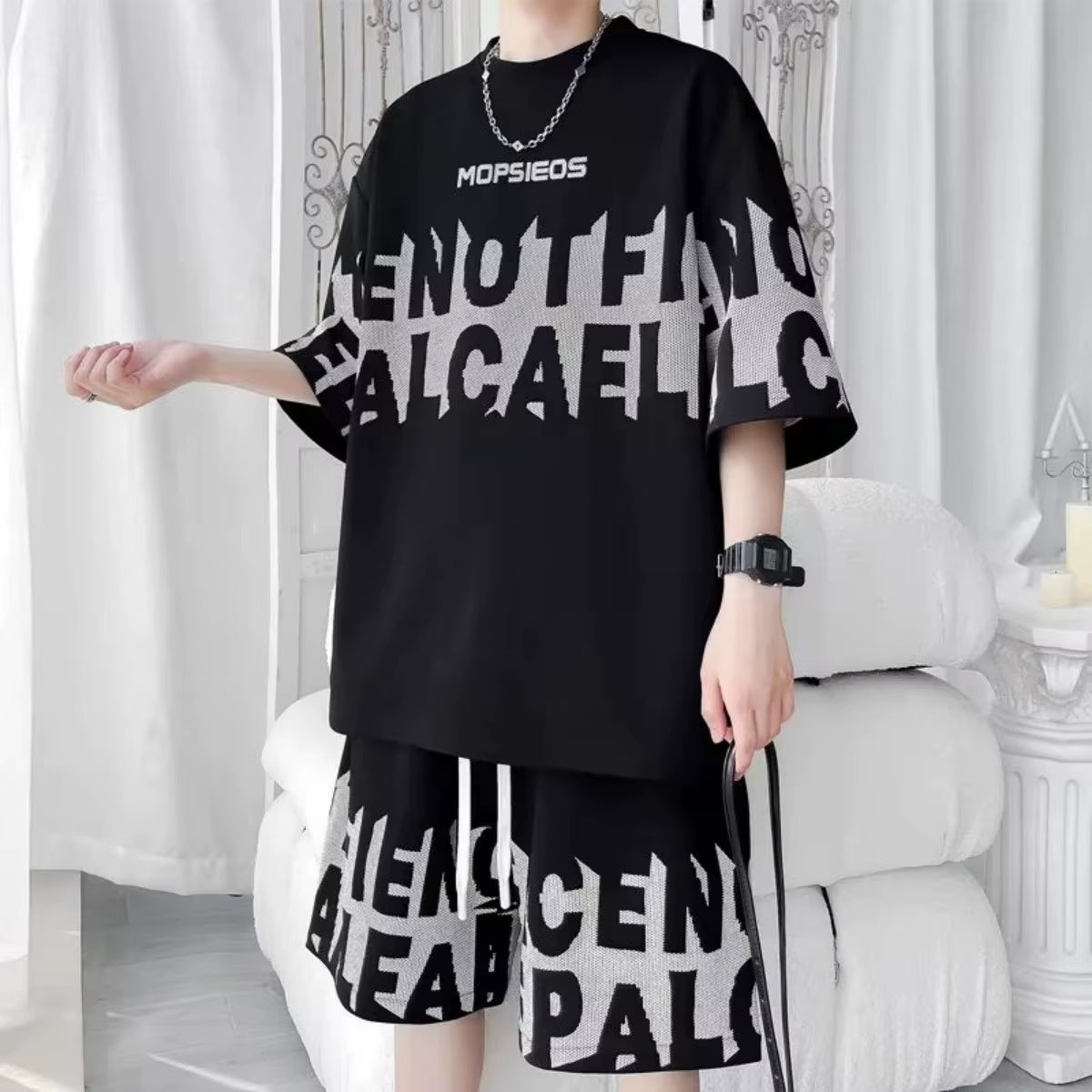 Ensemble sportif extérieur pour hommes composé d'un t-shirt à manches courtes imprimé avec lettres de personnalité et d'un short, respirant, en deux pièces