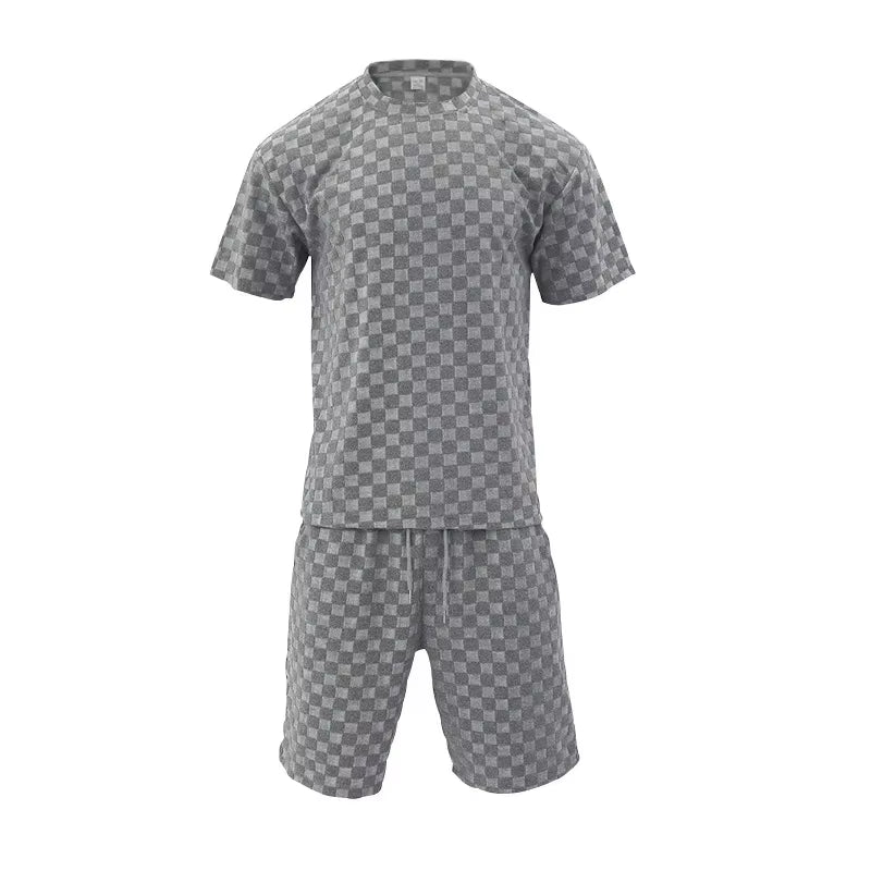 Men'S Sports Suit Summer New Korean High Street Jacquard Plaid T-Shirt Shorts Two-Piece Set Male Casual Retro Loose O-Neck Top