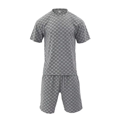 Men'S Sports Suit Summer New Korean High Street Jacquard Plaid T-Shirt Shorts Two-Piece Set Male Casual Retro Loose O-Neck Top