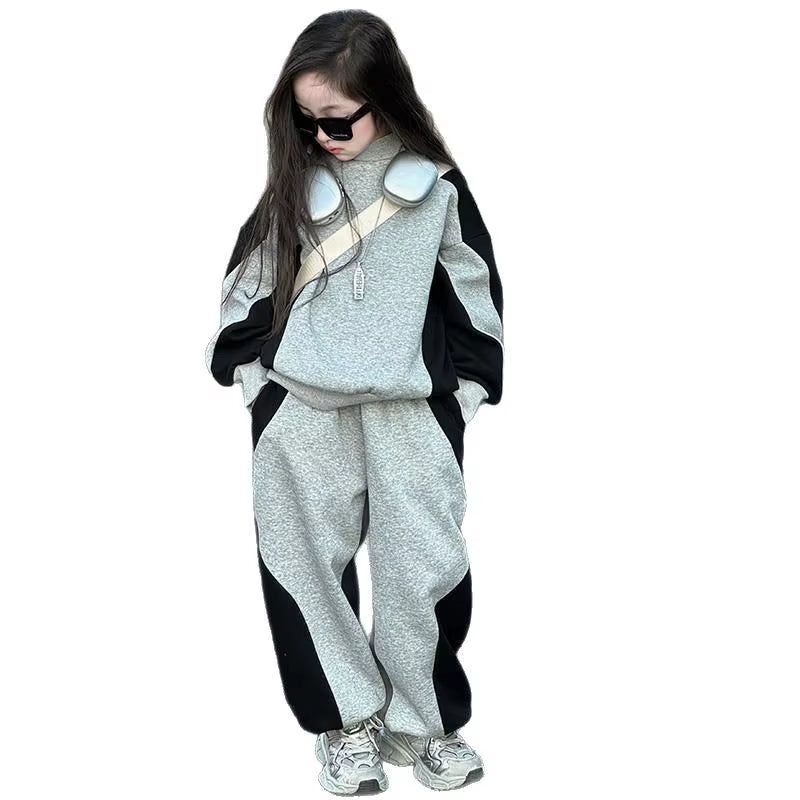 Ensemble de vêtements pour filles enfants automne hiver 2026, sweat-shirt ample à patchwork + pantalon ample, survêtement pour enfants 4, 8, 10, 12 ans