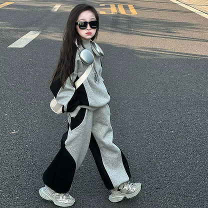 Ensemble de vêtements pour filles enfants automne hiver 2026, sweat-shirt ample à patchwork + pantalon ample, survêtement pour enfants 4, 8, 10, 12 ans