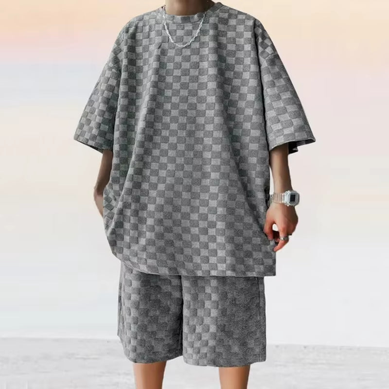 Men'S Sports Suit Summer New Korean High Street Jacquard Plaid T-Shirt Shorts Two-Piece Set Male Casual Retro Loose O-Neck Top